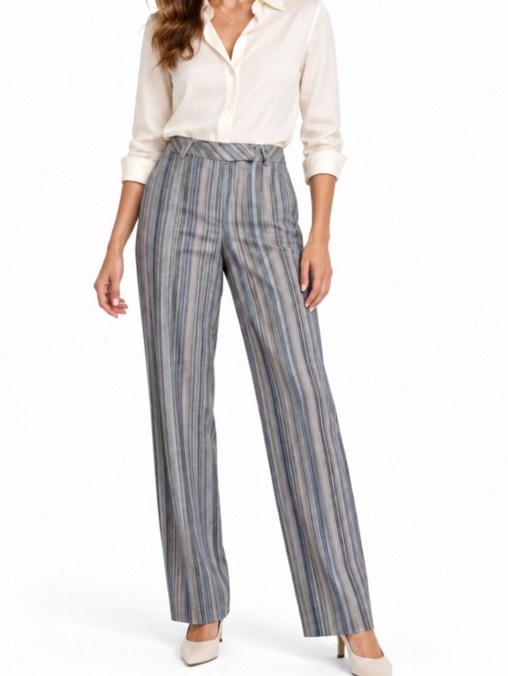 St John By Marie Grey S 12 Stripe Pattern Blue Pink Straight Leg Vintage Ctn Pnt